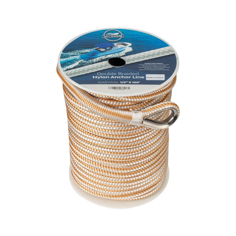 ACY Marine خط مرساة نايلون مزدوج مضفر من ACY مع حلقة فولاذية (ذهبي/أبيض، 3/8 بوصة × 100 قدم) - Image 1